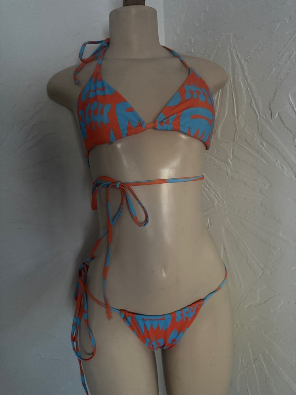 SHEIN Blue and Orange Patterned Tie-Side Triangle Bikini S